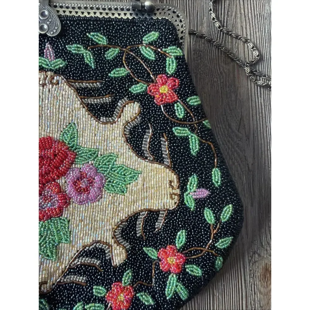 Vintage Hand Beaded Purse Black Colorful Roses Bag 1950 1960 flapper party - Picture 4 of 16
